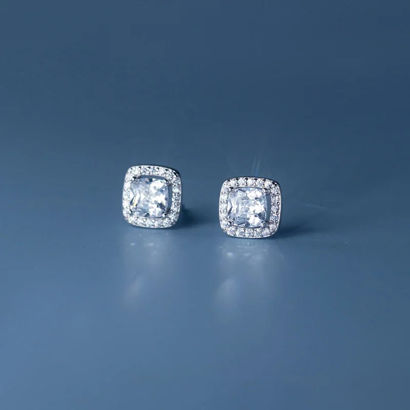 Real 925 Sterling Silver Square Dazzling CZ Stud Earrings DA2925