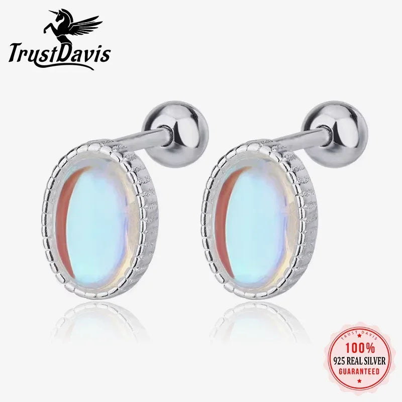 Trustdavis Real 925 Sterling Silver Personality Elliptical Moonlight Stone Earrings Stud Earrings For Women Fine Jewelry DS4066