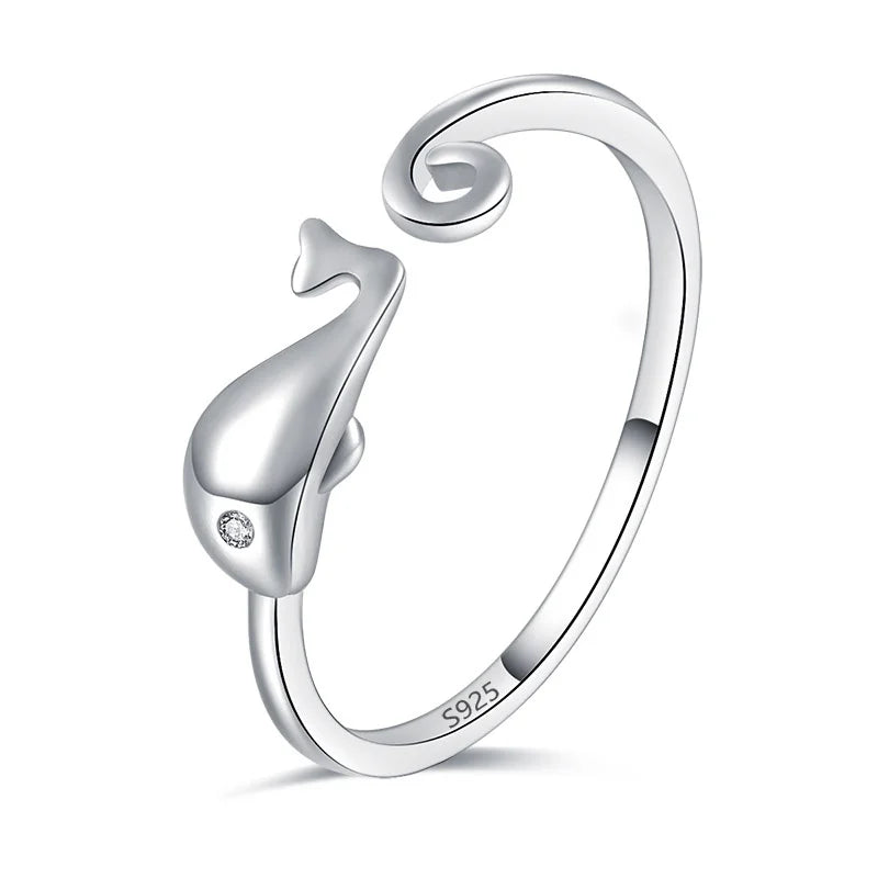 925 Real Sterling Silver Cute 925 Whale With Cocktail Ring AZ05