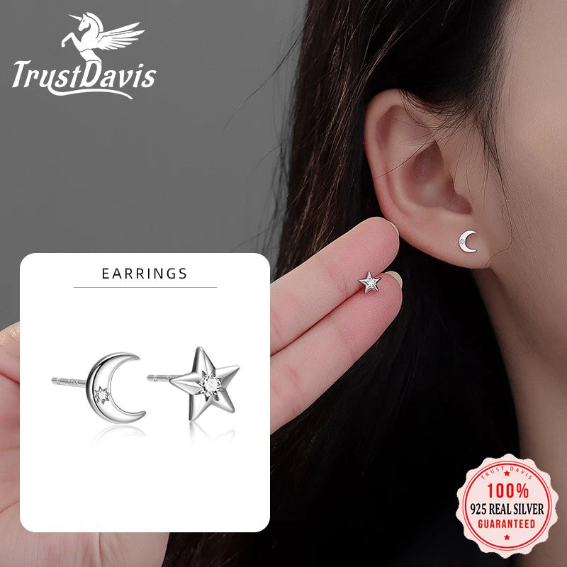 TrustDavis 925 Sterling Silver Women's Fashion Simple Round Zirconia Star Moon Earrings for Women Girls Jewelry Gift DS4272