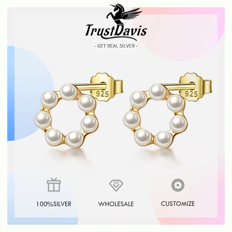 TrustDavis Real 925 Sterling Silver Fashion Hollow Flower Synthetic Pearl Stud Earrings For Women Wedding Party Jewelry DB376