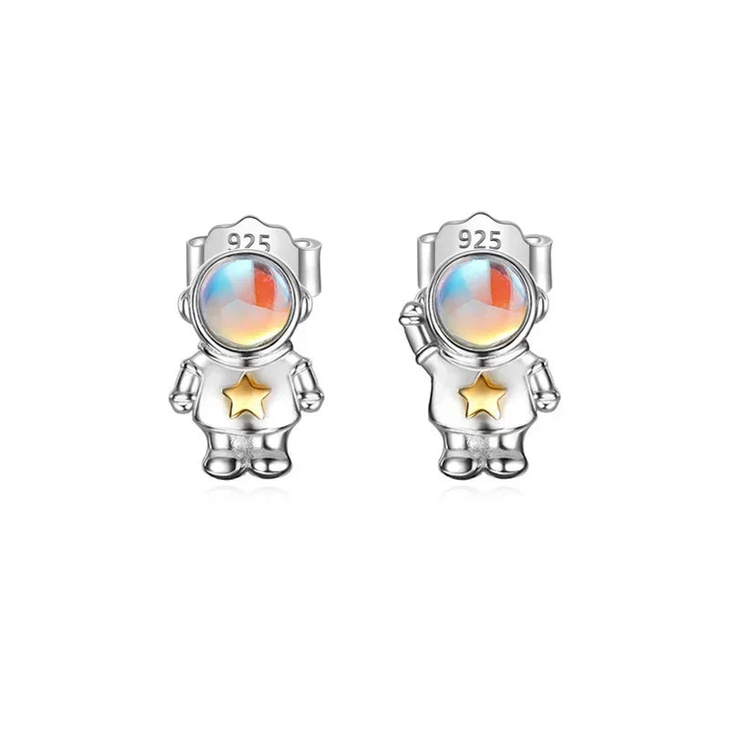 TrustDavis Real 925 Sterling Silver Sweet Astronaut Star Moonstone Earrings For Daughter children Birthday Gift Jewelry DA2568