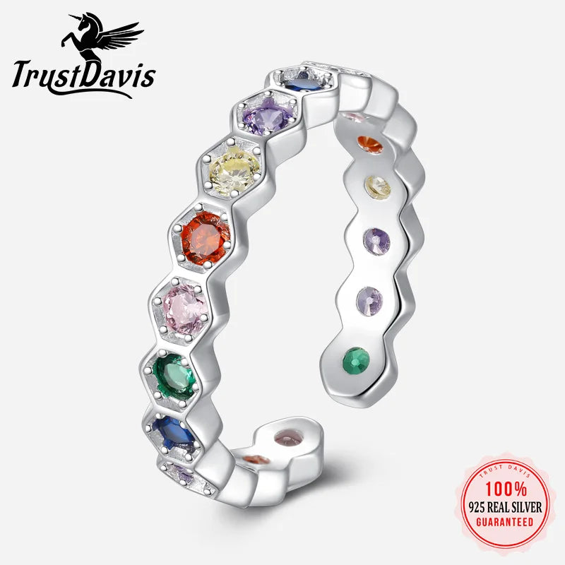 TrustDavis Women Real 925 Sterling Silver Colore Zircon Open Ring Geometric Gift for Mom Daugther Birthday Jewelry DS3627