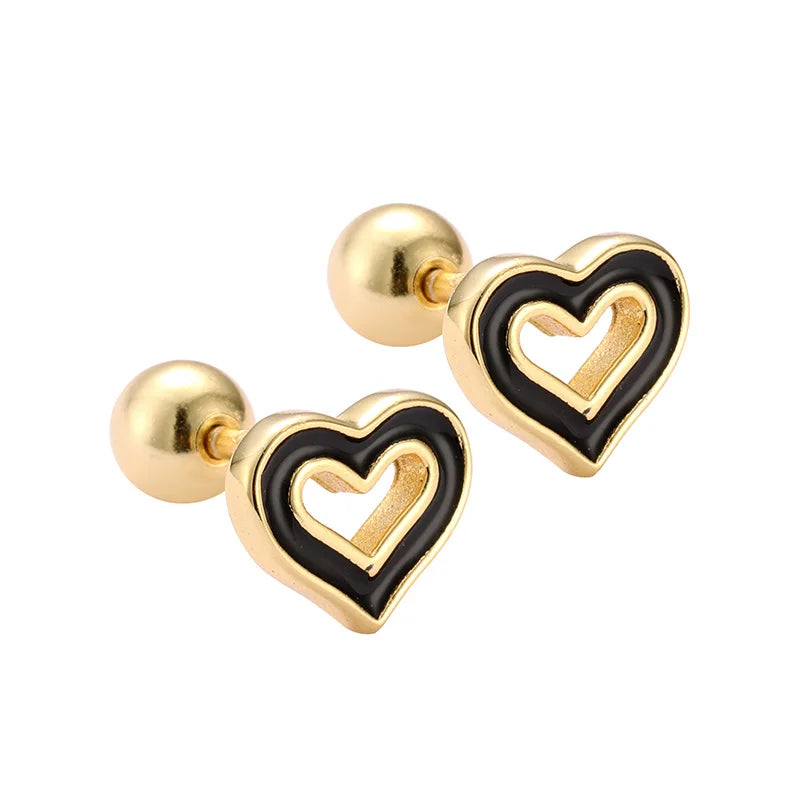 Black Heart Beads Screw Stud Earring DA2814