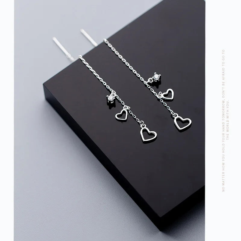 Trustdavis Minimalist 925 Sterling Silver Sweet Tassel Chain Hollow Heart CZ Drop Earring For Women Wedding Fine Jewelry DA1038