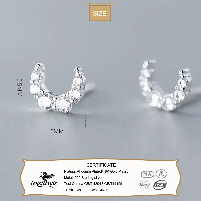 TrustDavis Real 925 Sterling Silver Fashion Sweet Mini Moon CZ Charm Stud Earrings For Women Wedding Party Fine Jewelry DA1531