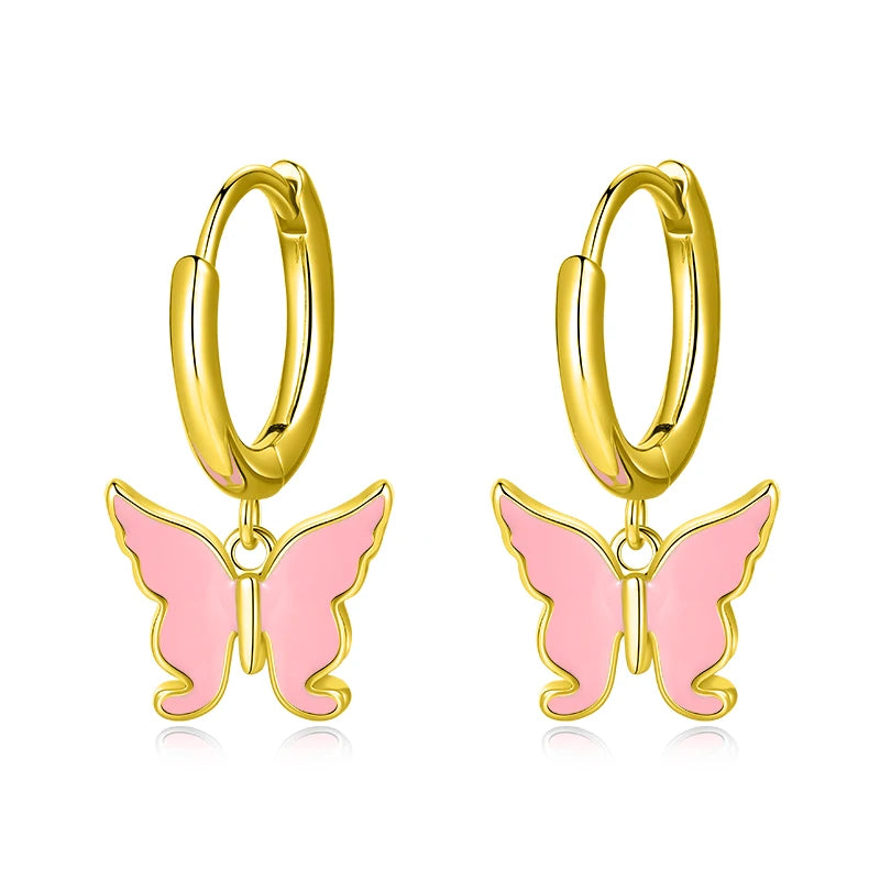 TrustDavis Real 925 Sterling Silver Charm Glaze Butterfly Pendant Hoop Earrings For Women Wedding Party Fine Jewelry Gift DS4593