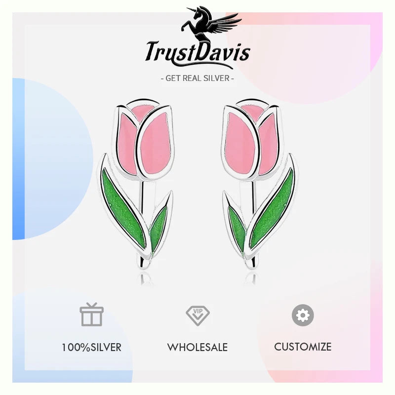 Trustdavis Real 925 Sterling Silver Sweet Fashion Tulips Fresh Stud Earrings Women Girls Birthday Party Gift Jewelry DS4136