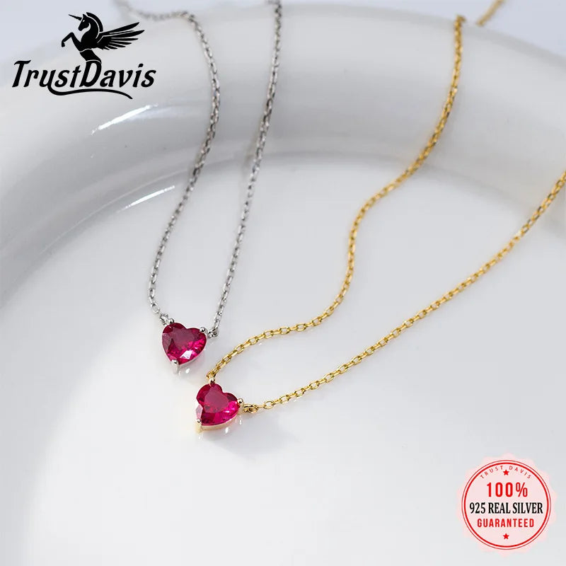 TrustDavis Real 925 Sterling Silver Fashion Heart Cubic Zirconia Necklace for Women Wedding Valentine's Day Fine Jewelry DS4171