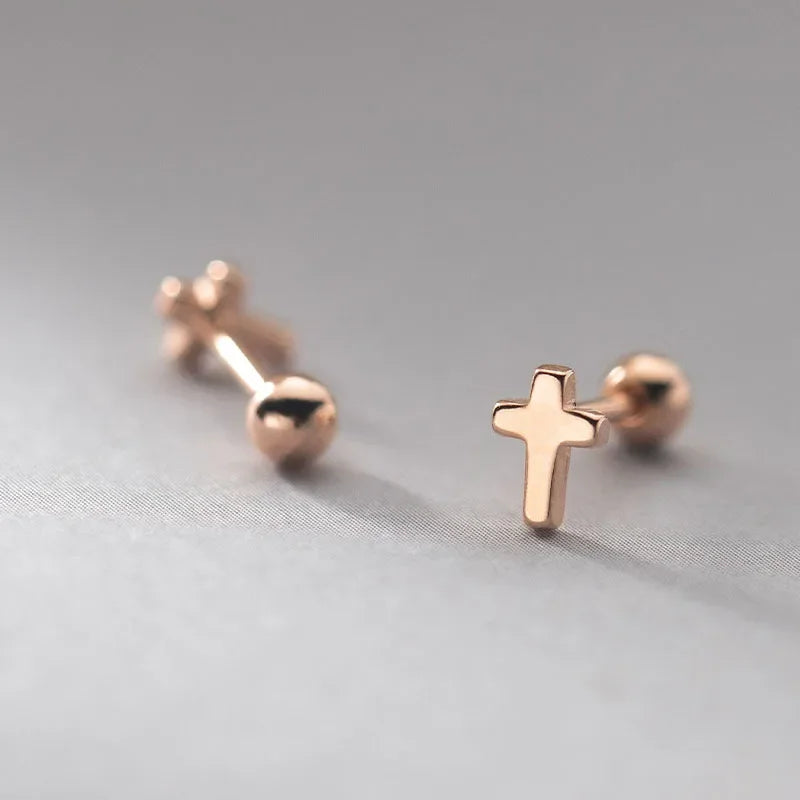 TrustDavis Real 925 Sterling Silver Mini Cross Bead Screw Stud Earrings For Daughter Girls Birthday Gift Fine Jewelry DA00297