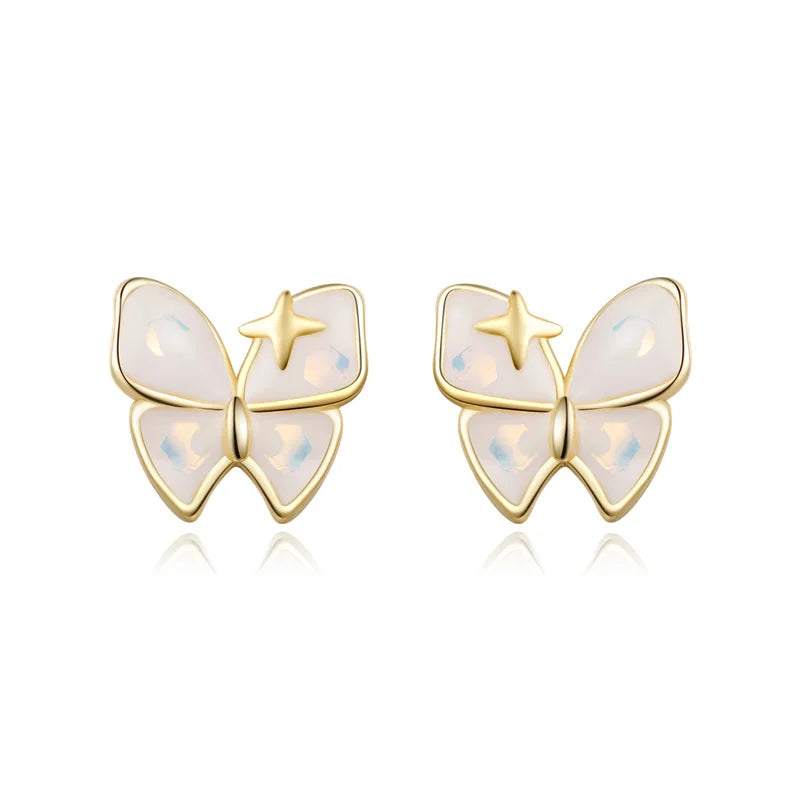 Real 925 Sterling Silver Sweet White Glazed Butterfly Stud Earrings DS4126