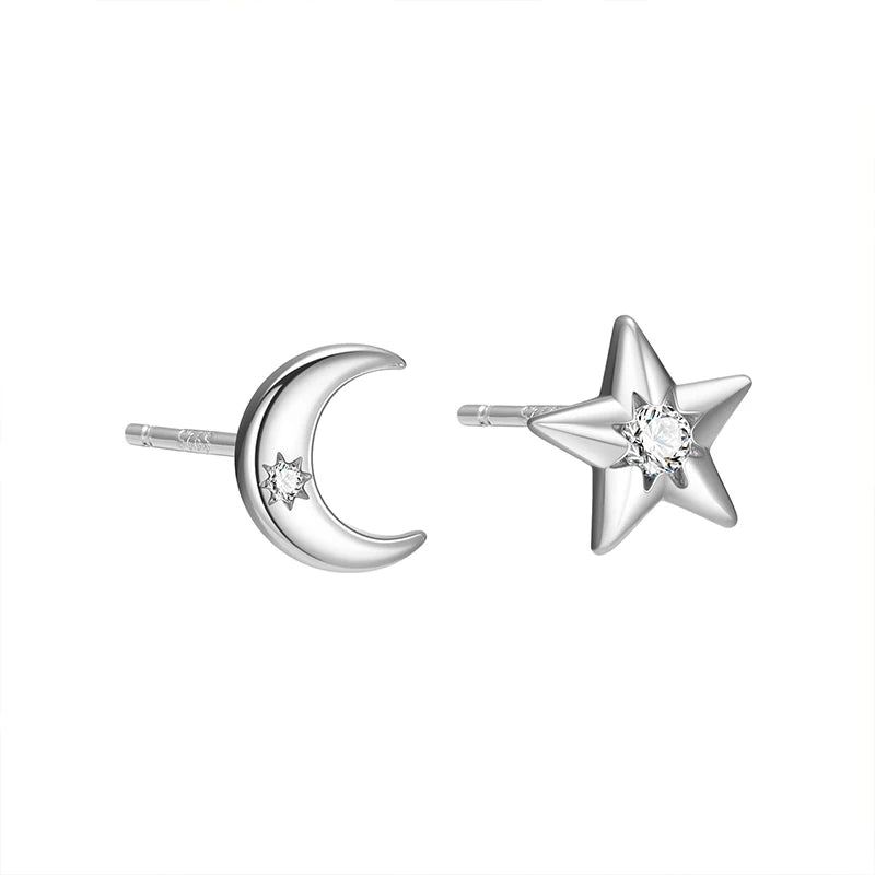 TrustDavis 925 Sterling Silver Women's Fashion Simple Round Zirconia Star Moon Earrings for Women Girls Jewelry Gift DS4272