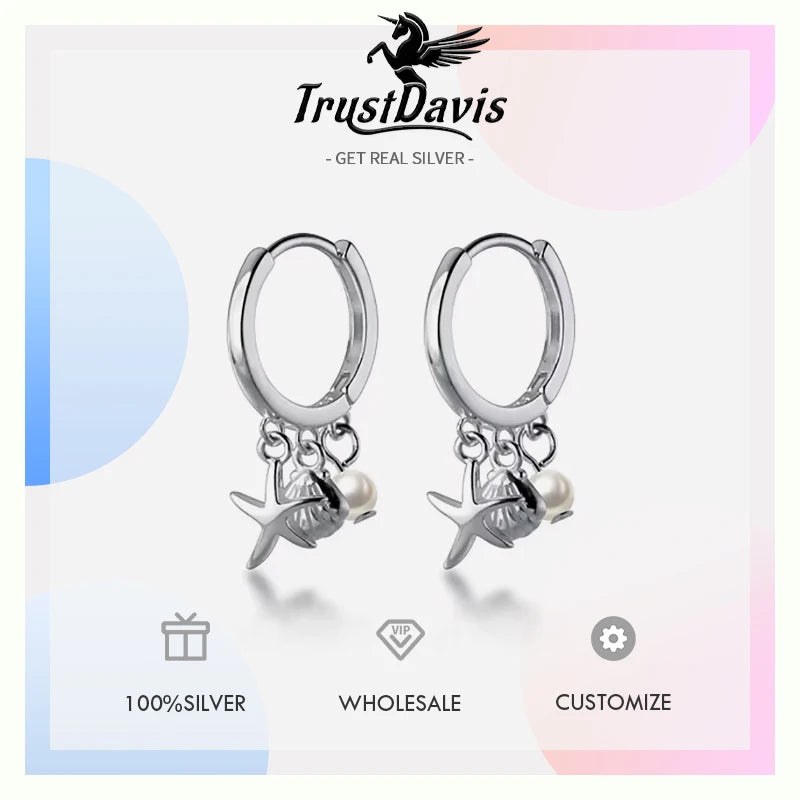 TrustDavis 100% 925 Real Sterling Silver Seastar Pearl Hoop Earrings Jewerly Gift For School Girls Daughter's Gift DS524