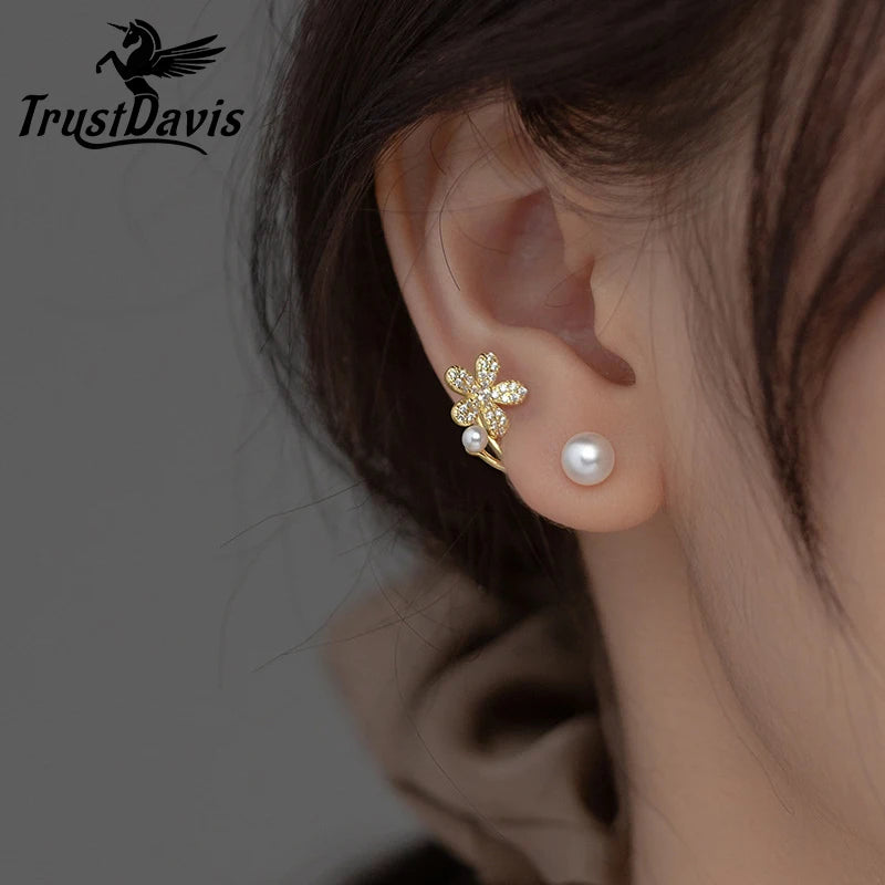 TrustDavis Real 925 Sterling Silver Synthesis Pearl Sweet Flower Zircon Stud Earrings For Women Wedding Fine 925 Jewelry DE0295