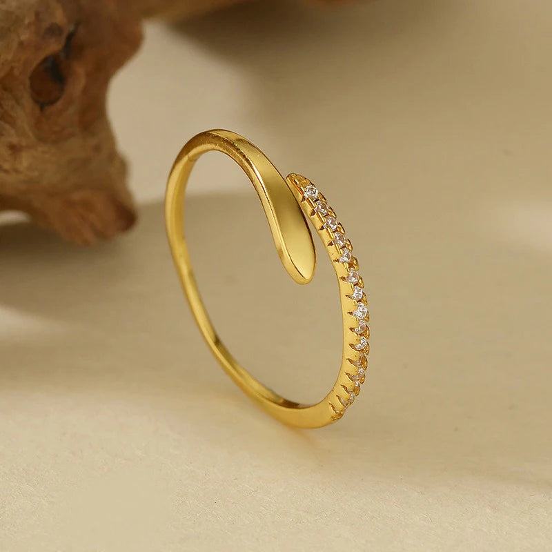 TrustDavis Real 925 Sterling Silver Ring Fashion Simple Snake-shaped Zircon Adjustable Ring for Women Girl Jewelry Gift DS4656