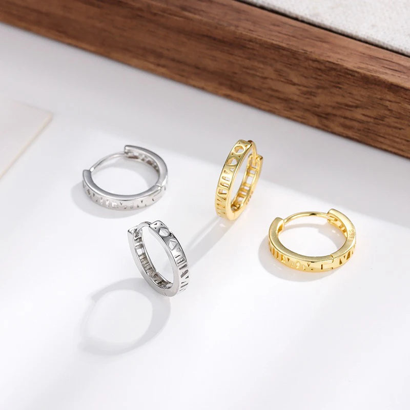 TrustDavis 925 Sterling Silver Women's Fashion Hollow Roman Numeral Hoop Earrings for Women Girls Jewelry Gift DS4336