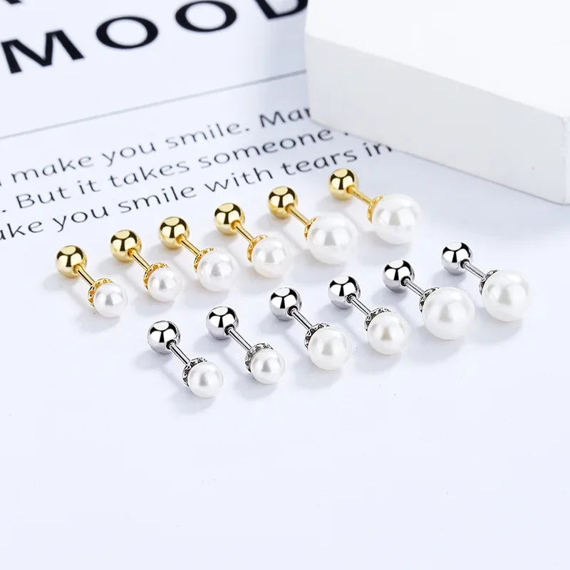 TrustDavis Real 925 Sterling Silver 4/5/6mm Synthesis Pearl Screw Stud Earring for Women Party Mini Minimalist Jewelry DA2870