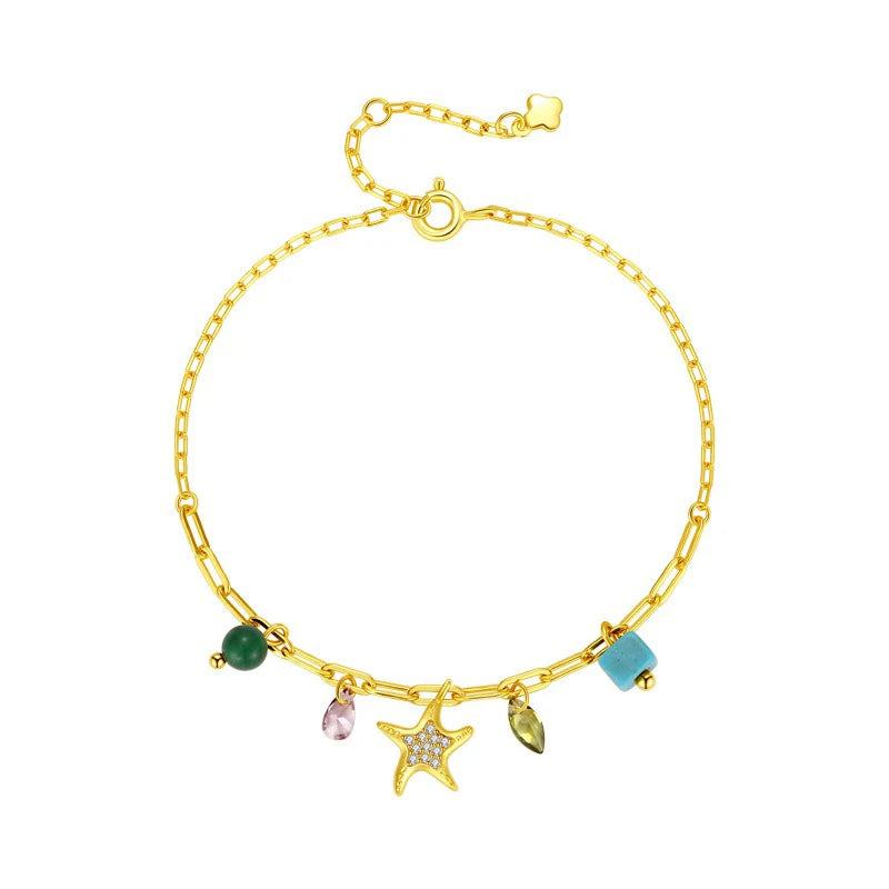 TrustDavis 925 Sterling Silver Women's Fashion Simple Starfish Zircon Turquoise Bracelet for Women Girls Jewelry Gift DS4439