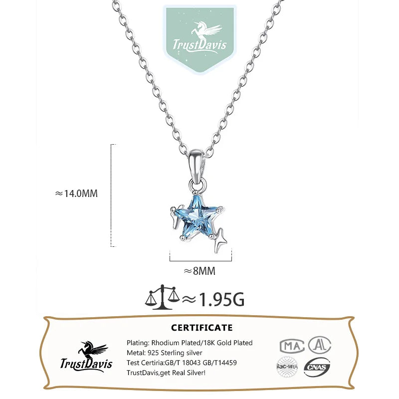 TrustDavis 925 Sterling Silver Women's Necklace Fashion Simple Blue Star Pendant Necklace for Women Girls Jewelry Gift DS4652