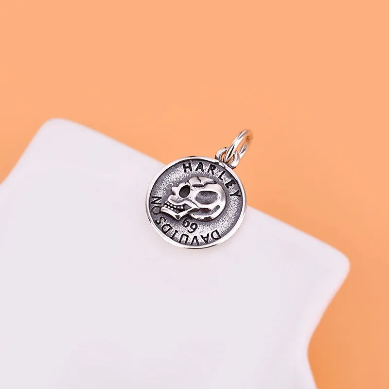 TrustDavis Real 925 Sterling Silver Fashion Retro Skull Head Round Card Charm Pendant Handmade DIY Accessories Jewelry HY044