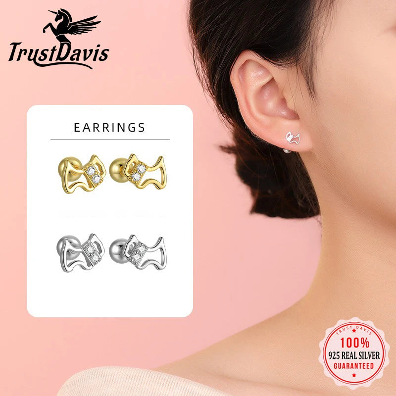 TrustDavis 925 Sterling Silver Women's Stud Earring Fashion Simple Zircon Dog Screw Earrings for Women Girls Jewelry Gift DS4298