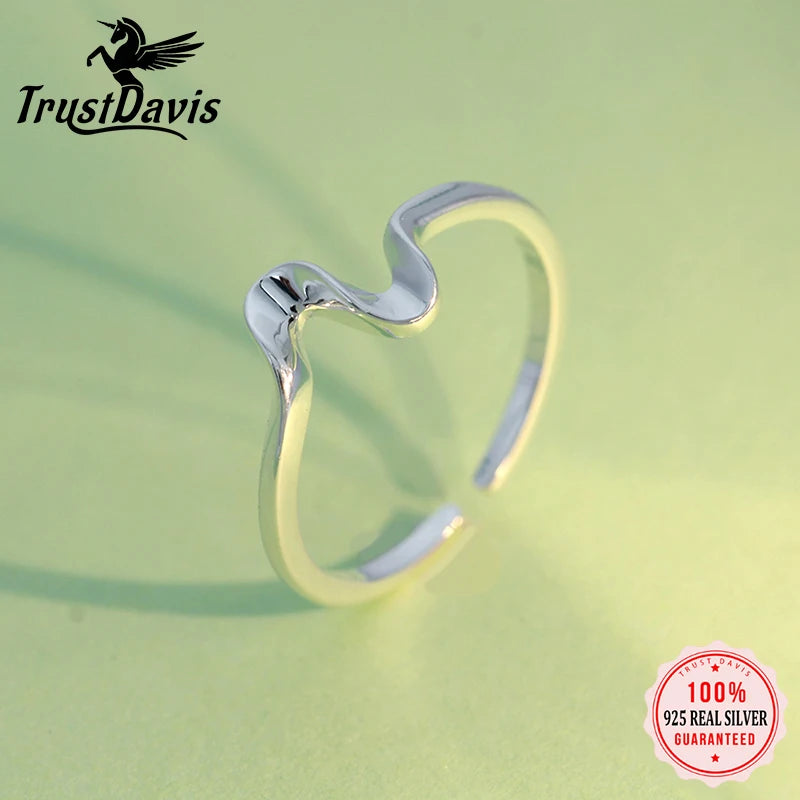 TrustDavis Minimalist 100% 925 Sterling Silver Fashion Sake S Waves Adjustable Ring Wonderful Women Party Silver 925 Ring DA133