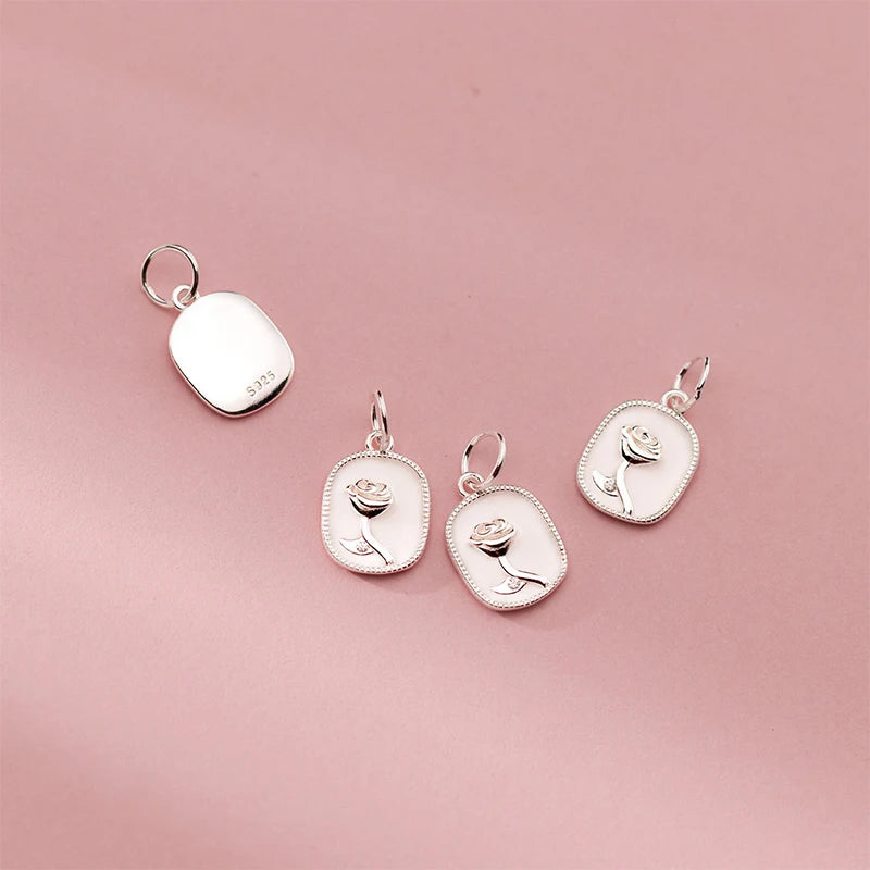 TrustDavis Real 925 Sterling Silver Fashion Geometric White Rose Charm Pendant Handmade DIY Accessories Wholesale DZ1709