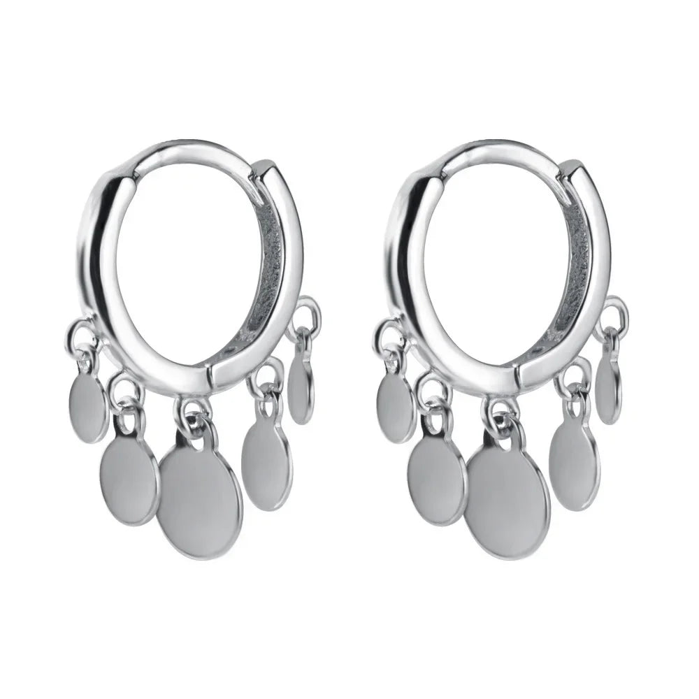 TrustDavis Hot Sale 925 Sterling Silver Round Disc Tassel Pendant Hoop Earrings For Women Girls Party Daily Wear Jewelry DA2429