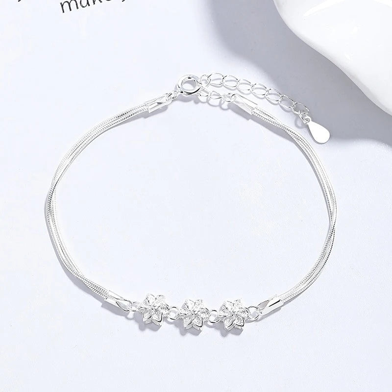 TrustDavis 925 Sterling Silver Women's Fashion Simple Camellia Snake Bone Bracelet for Women Girls Jewelry Gift DS4425