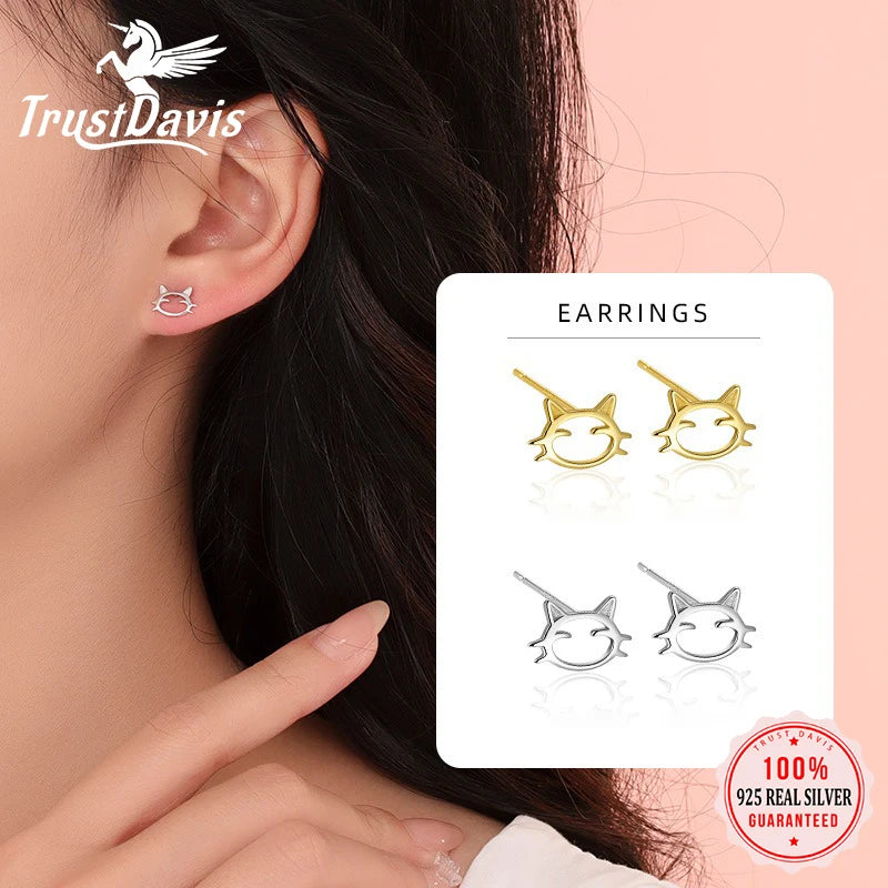 TrustDavis 925 Sterling Silver Women's Fashion Simple Cute Hollow Cat Line Kitten Earrings for Women Girls Jewelry Gift DS4283