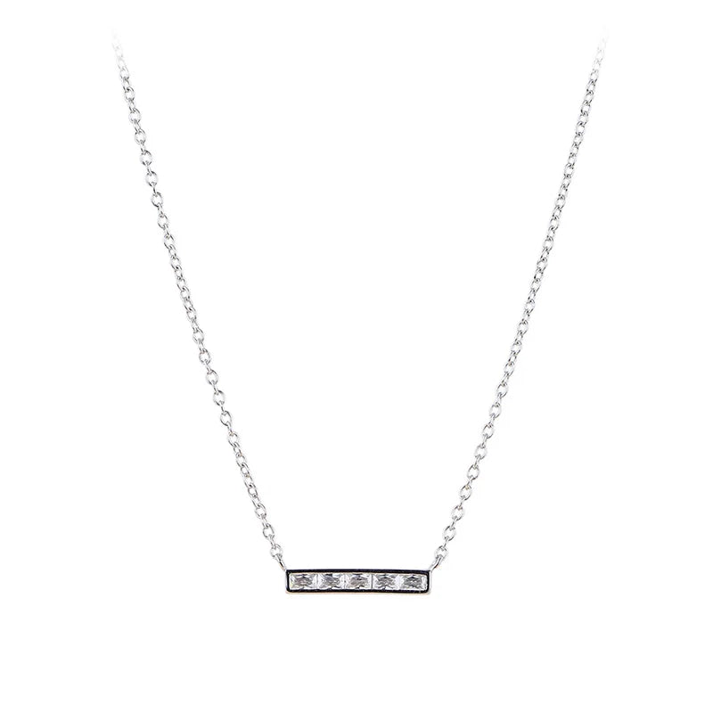 TrustDavis Real 925 Sterling Silver Women's Fashion Simple Square Bar with Zircon Necklace for Women Girls Gift Jewelry DS4234