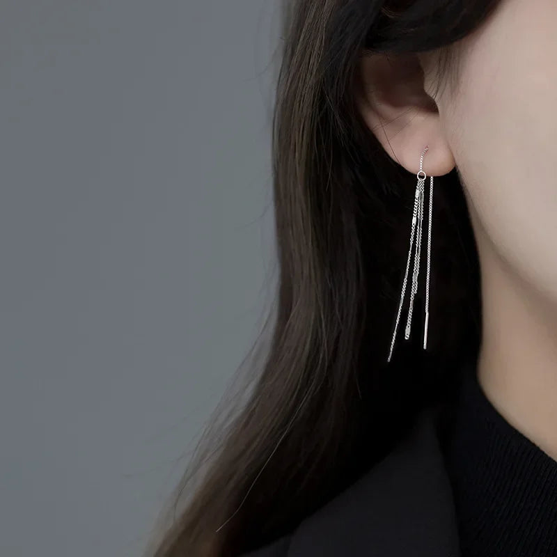 925 Sterling Silver Sweet Long Beads Star Chain 25cm Ear Line Earring DA1500