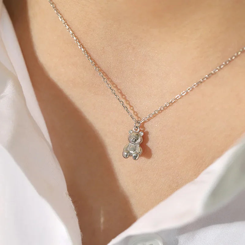 TrustDavis Minimalist S925 Sterling Silver Pendant Necklace For Women Cute Cartoon Bear Neck Chain 925 Necklace Jewelry H00261