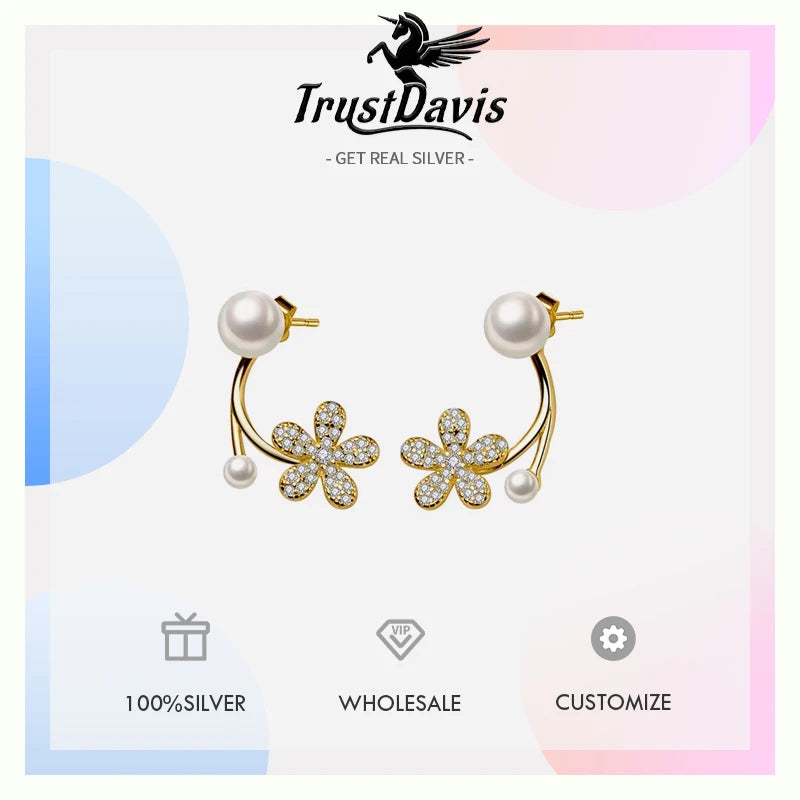TrustDavis Real 925 Sterling Silver Synthesis Pearl Sweet Flower Zircon Stud Earrings For Women Wedding Fine 925 Jewelry DE0295