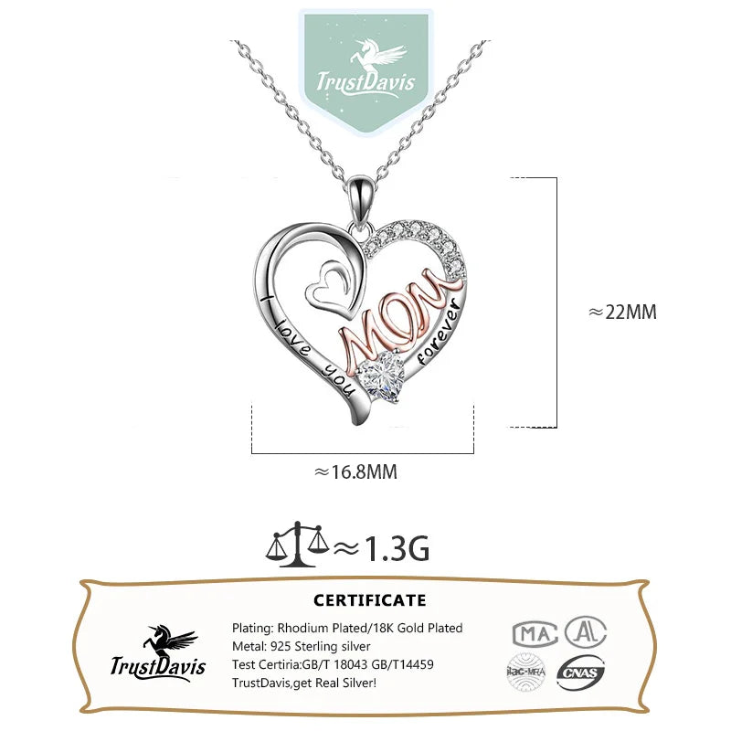 TrustDavis 925 Sterling Silver Heart-shaped Letters Mom with Diamond Necklace for Mother's Day Birthday Gift Jewelry DS4190