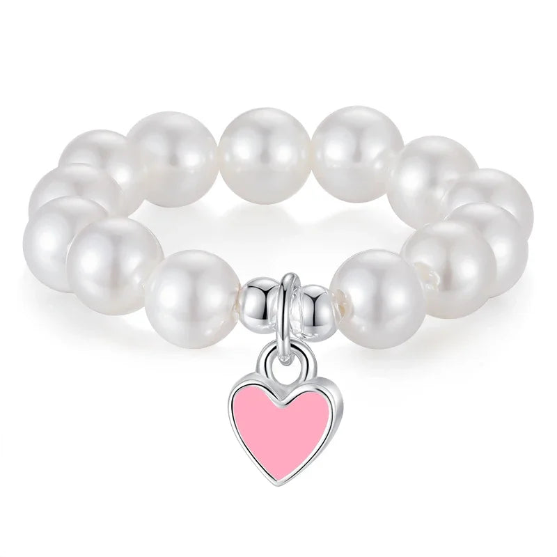 TrustDavis 925 Sterling Silver heart Synthesis pearl Opening Rings For Women Romantic Style Fine 925 Wholesale Jewelry DS3570