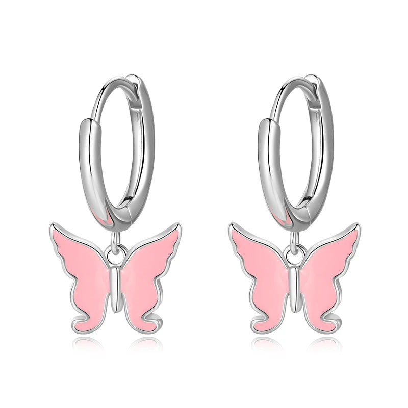 TrustDavis Real 925 Sterling Silver Charm Glaze Butterfly Pendant Hoop Earrings For Women Wedding Party Fine Jewelry Gift DS4593