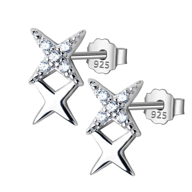 TrustDavis 100% 925 Real Sterling Silver 2Pcs Women's Jewelry Fashion Cute CZ Star Stud Earrings Gift For Girls Teen Lady DS517