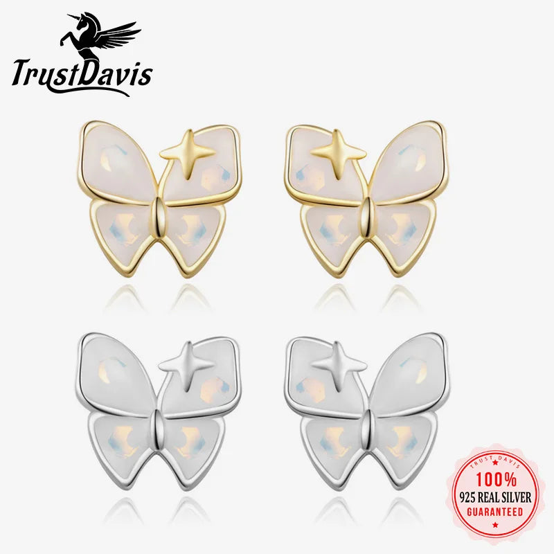Real 925 Sterling Silver Sweet White Glazed Butterfly Stud Earrings DS4126