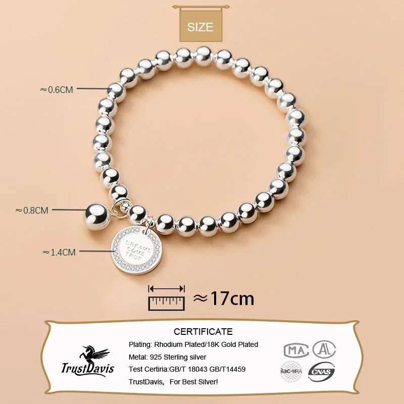 TrustDavis Real 925 Sterling Silver Fashion Sweet 6cm Beads Chain Coin CZ Bracelet Elastic For Women Mother's Day Jewelry DA2057