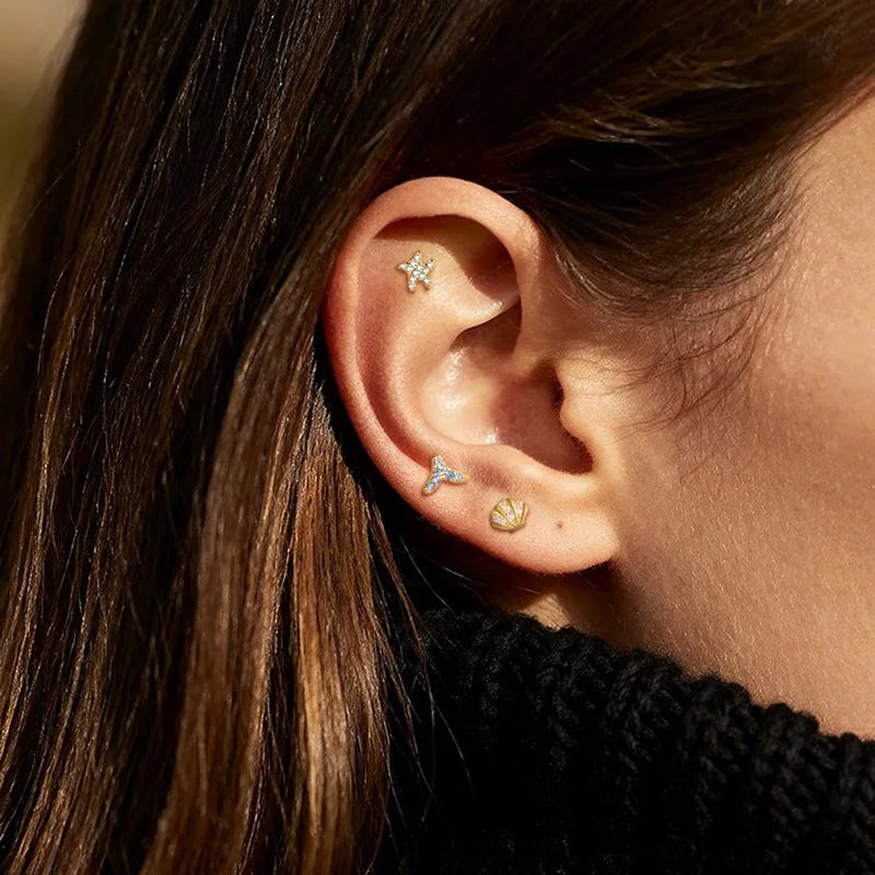 TrustDavis Real 925 Sterling Silver Fashion Sweet Starfish Seashell Mermaid Tail Earrings for Women Girls Jewelry Gift DS4735