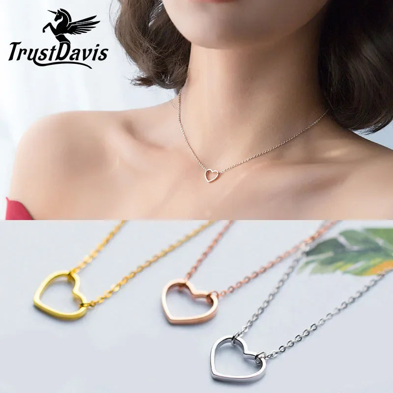 TrustDavis Real 925 Sterling Silver Clavicle Necklaces For Women Wedding Party Romantic Heart Love 925 Necklace Jewelry DS464
