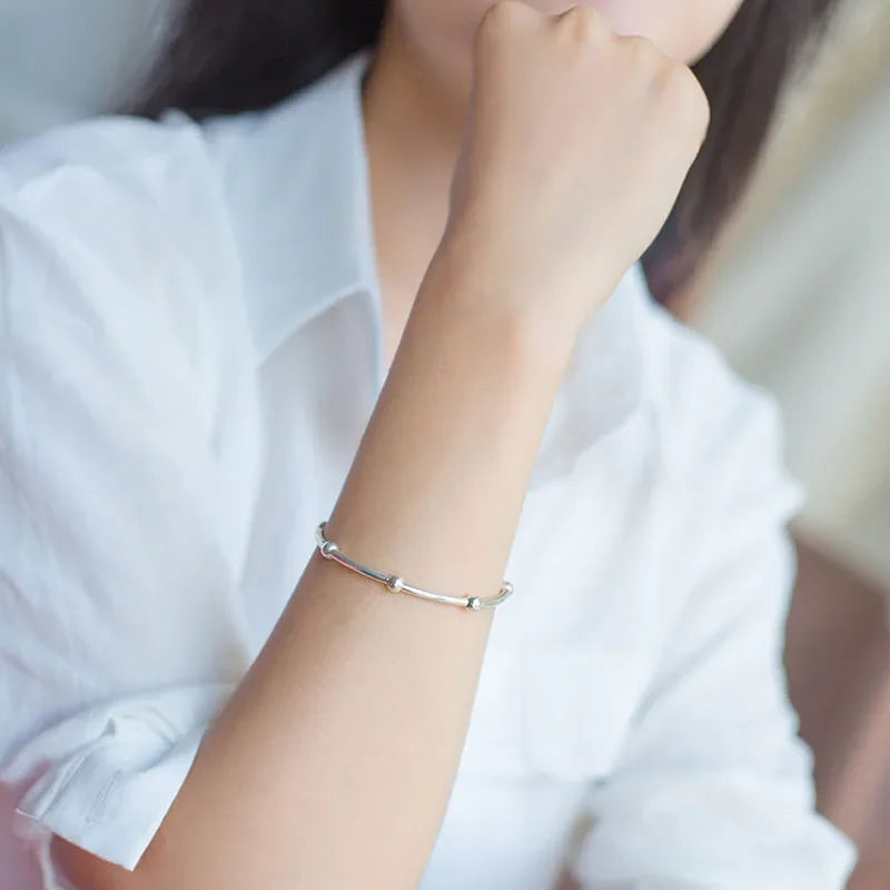 TrustDavis 100% 925 Sterling Silver Bracelet Linked Beads Elastic 925 Bangle Women Fashion Jewelry Gift For Girls Lady DS1406