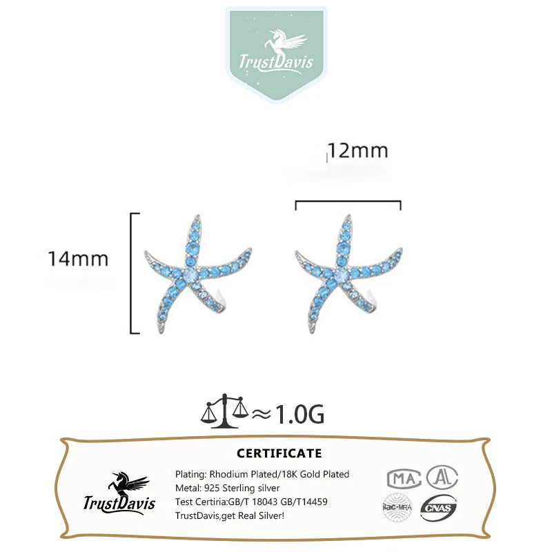 TrustDavis 925 Sterling Silver Women's Fashion Simple Blue Starfish Stud Earrings for Women Girls Birthday Jewelry Gift DS4678