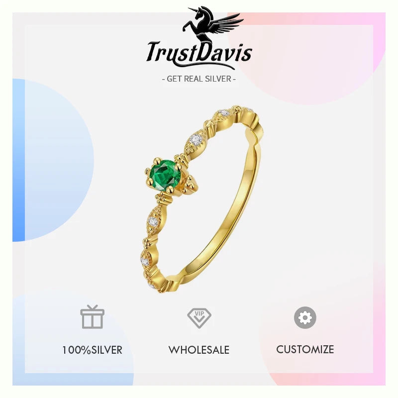 Trustdavis Authentic S925 Sterling Silver Green CZ 14K Gold Ring DB1249