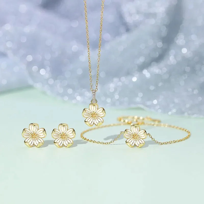 TrustDavis Real 925 Sterling Silver Daisy Flower Necklaces Bracelet Stud Earring For Daughter Girls Birthday Gift Jewelry LB090