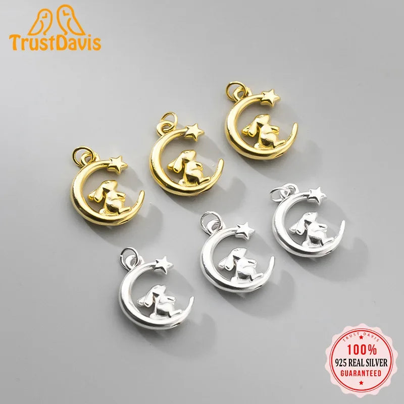 TrustDavis Real 925 Sterling Silver Sweet Rabbit Moon Charm Pendant Handmade DIY Fit Necklace Bracelet Accessories Jewelry DZ747