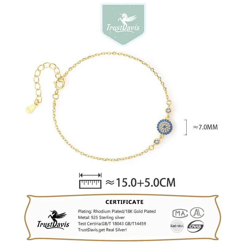 TrustDavis 925 Sterling Silver Women's Fashion Simple Evil Eye Bracelet for Women Birthday Mother's Day Jewelry Gift DS4203