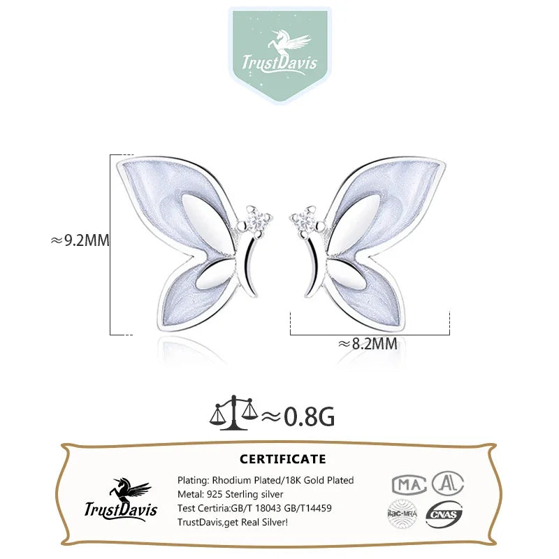 TrustDavis Real 925 Sterling Silver Fashion Butterfly Shiny CZ Stud Earrings For Mum Daughter Birthday Party Gift Jewelry DS4379