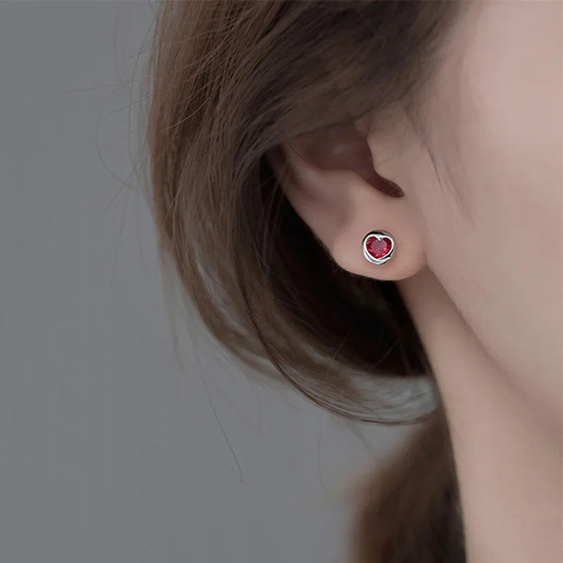 Round Heart Deer Red CZ Stud Earrings DA196
